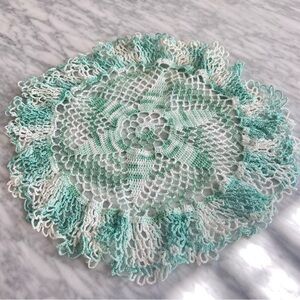 Vintage Crochet Doily in Green and White 14”